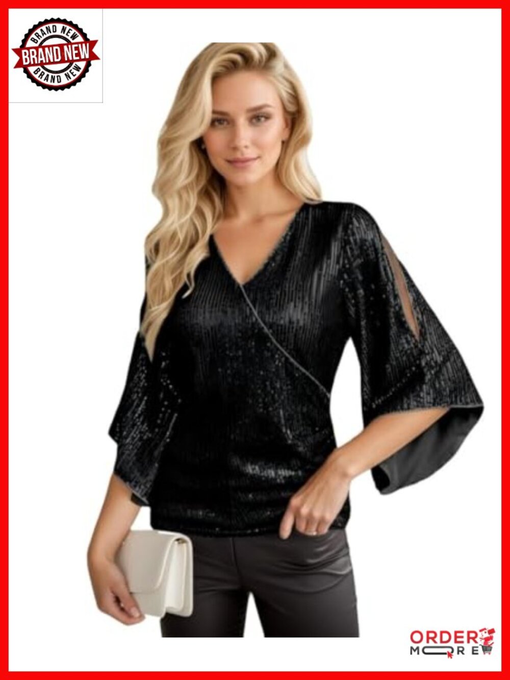 Women's Sequin V-Neck Blouse, 3/4 Bell Sleeves Glitter Sparkly Top